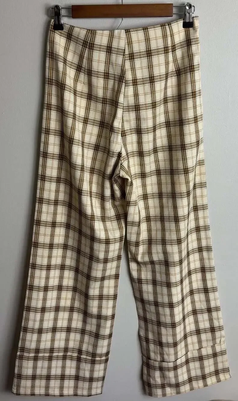 Princess Polly Plaid Trousers Wide Leg Cream Brown US 4 AU 8 Academia Women’s